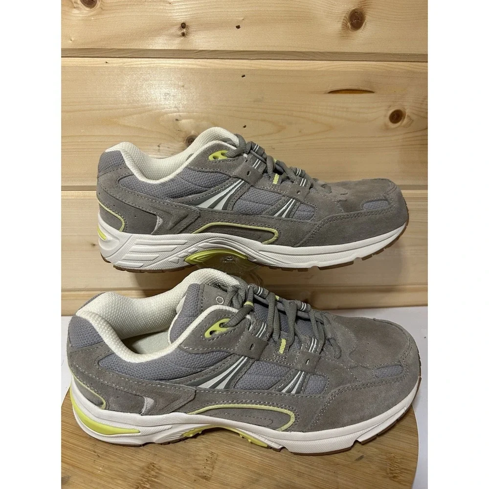 Vionic Womens 23Walk Walking Sneakers Gray Suede Yellow Accents Size 10 Wide EUC